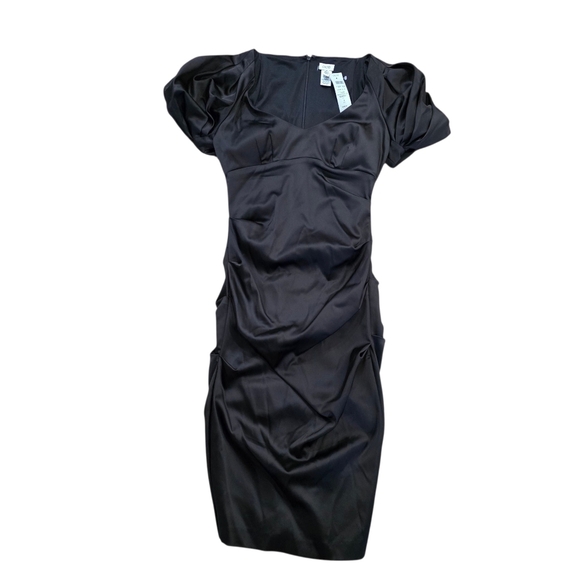 NWT Cache Satin Elegant Black Puff Sleeve Midi Dress Size 6 - Picture 5 of 10